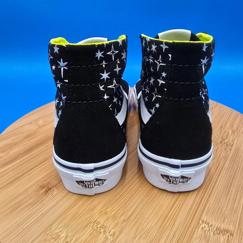 Vans SK8-Hi Black Star Print High Top Neon‎ Green Lace Sneaker Shoes 6.5 Women